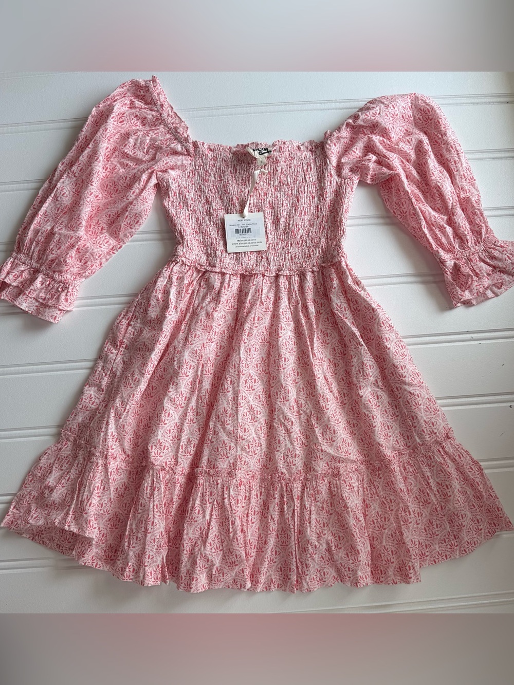 Mon Coco Brooklyn Mini Dress Smocked Pink White Small Off Shoulder NEW 3197